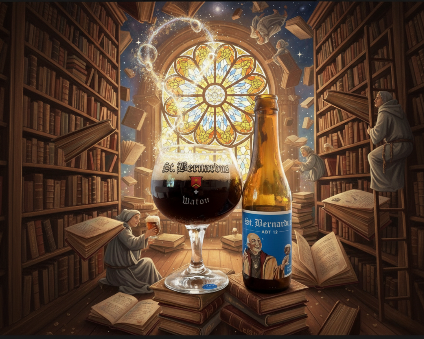 Verre et bouteille de St. Bernardus Abt 12 dans une bibliothèque monastique imaginaire, vitrail lumineux en arrière-plan. Quadrupel belge iconique brassée à Watou.