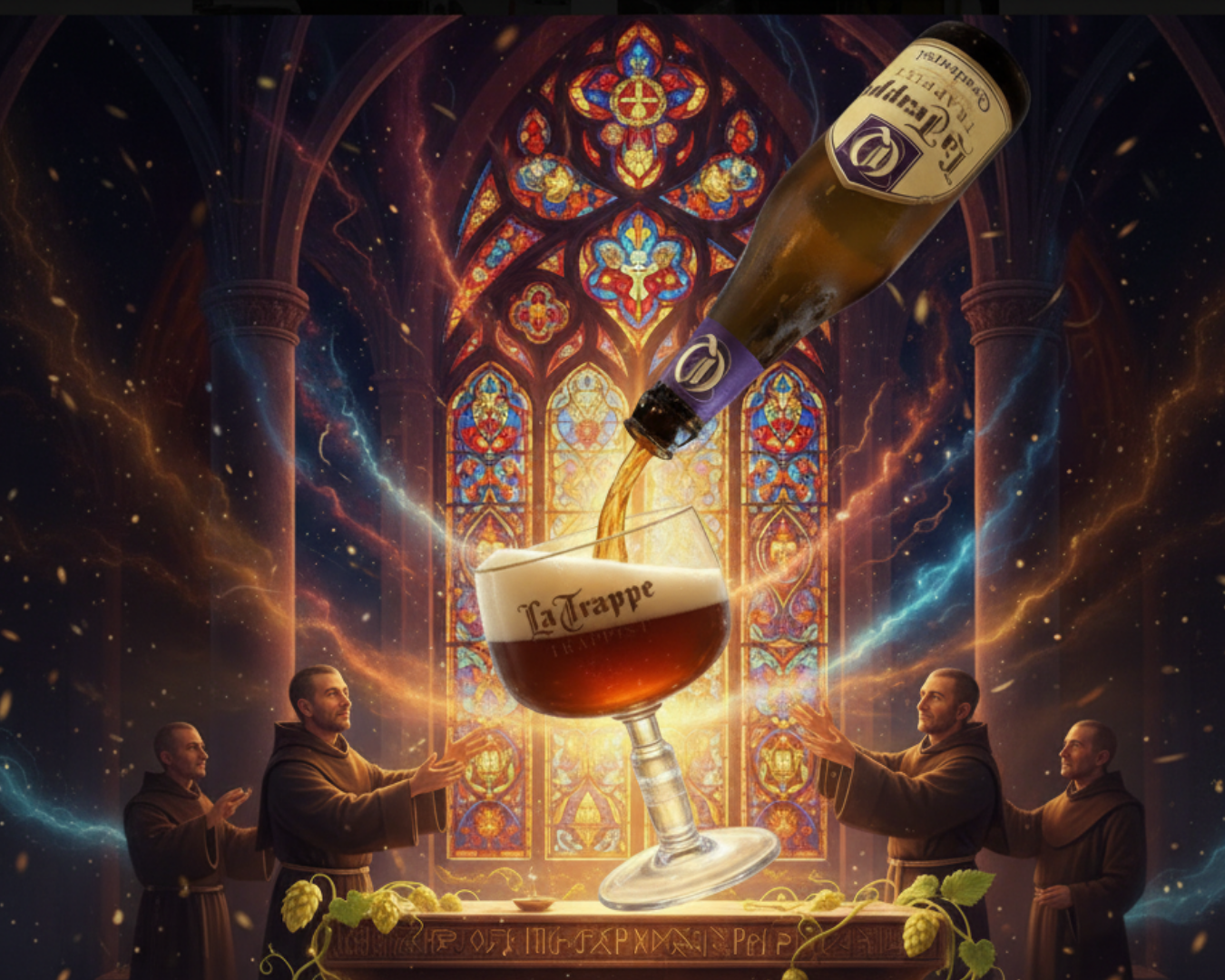 Bière trappiste La Trappe Quadrupel servie dans un verre à pied devant des vitraux d’abbaye, scène artistique avec moines et ambiance sacrée.