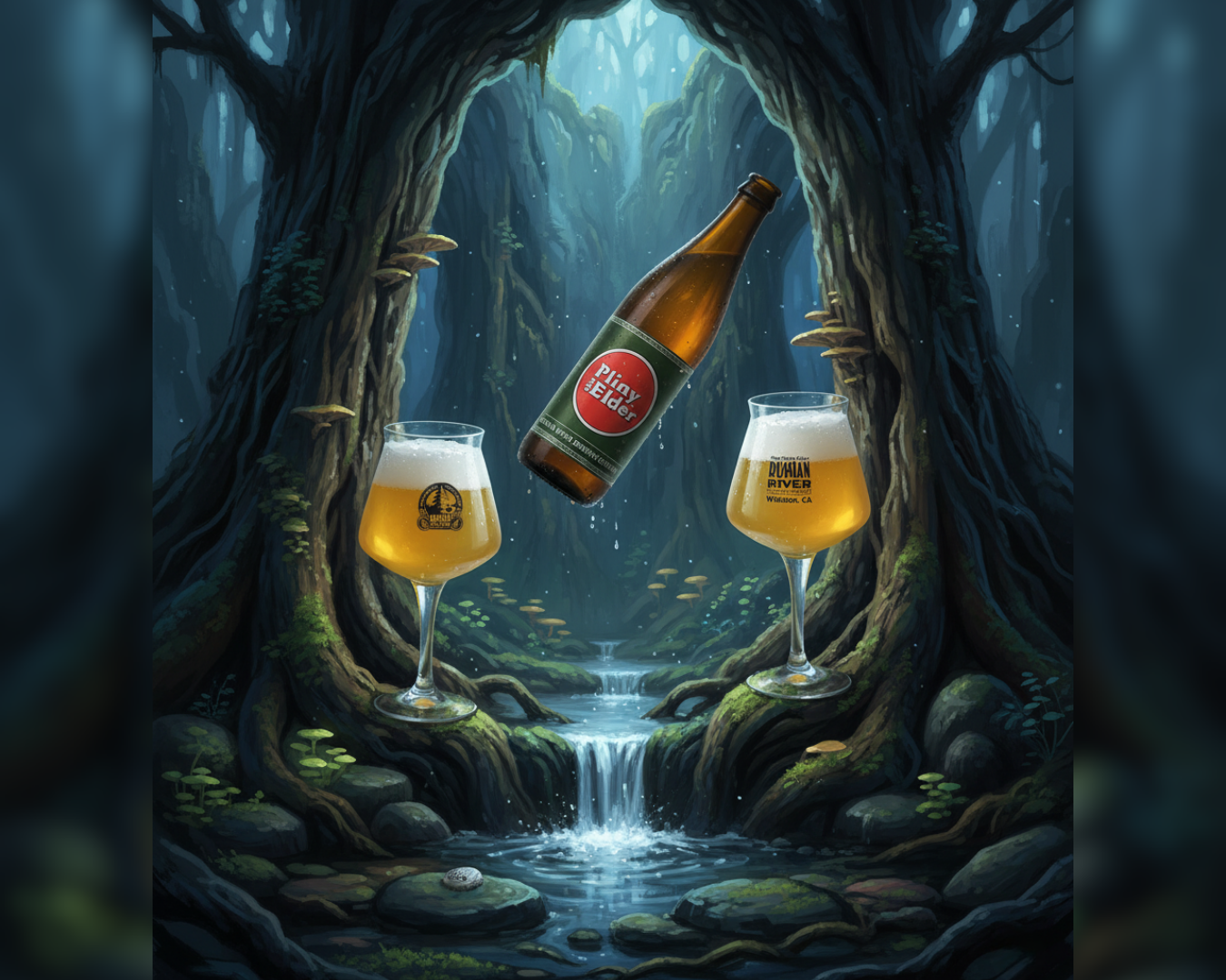 Bouteille de Pliny the Elder de Russian River Brewing Company flottant entre deux verres de bière dorée dans une forêt mystique, devant une cascade. Mise en scène symbolique de l’IPA culte californienne.
