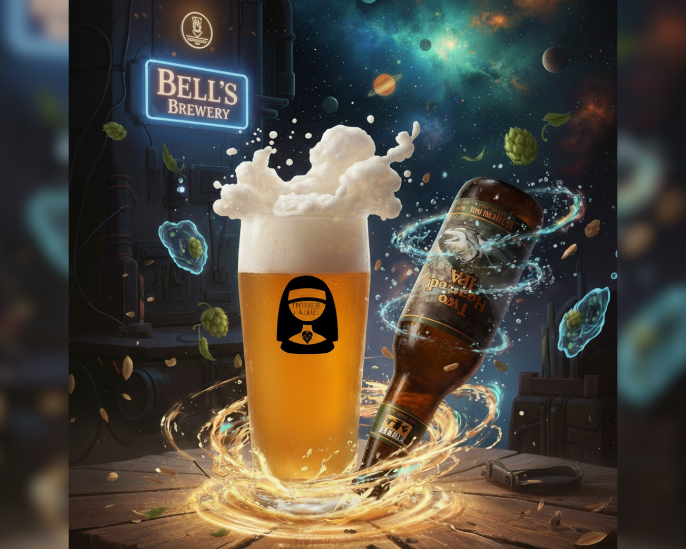 Illustration créative de la Two Hearted IPA de Bell’s Brewery : verre de bière ambrée avec mousse débordante et bouteille en lévitation dans un décor galactique avec houblons et orge.