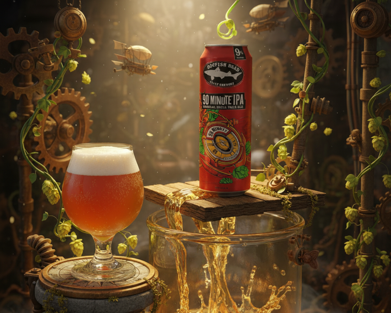 Canette de 90 Minute IPA de Dogfish Head avec un verre de bière ambrée mousseuse, mise en scène dans un décor steampunk avec houblons et engrenages.