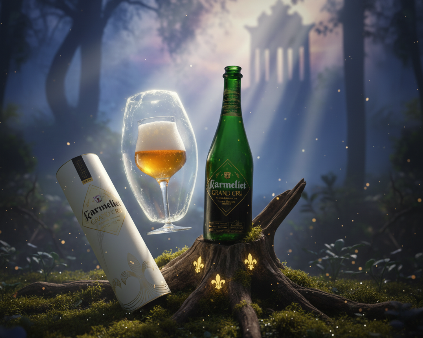 Bouteille et verre de Karmeliet Grand Cru, bière belge triple affinée en fût de chêne, présentés dans un décor mystique de forêt avec étui élégant.