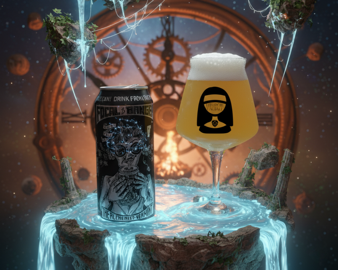 Canette de bière artisanale Focal Banger de The Alchemist et verre tulipe rempli, posés sur un décor surréaliste avec cascade lumineuse et horloge géante en arrière-plan – IPA américaine houblonnée au Citra et Mosaic, 7% ABV.